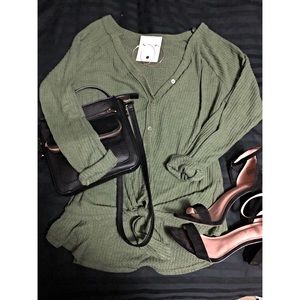 Waffle slouchy button down tie front top